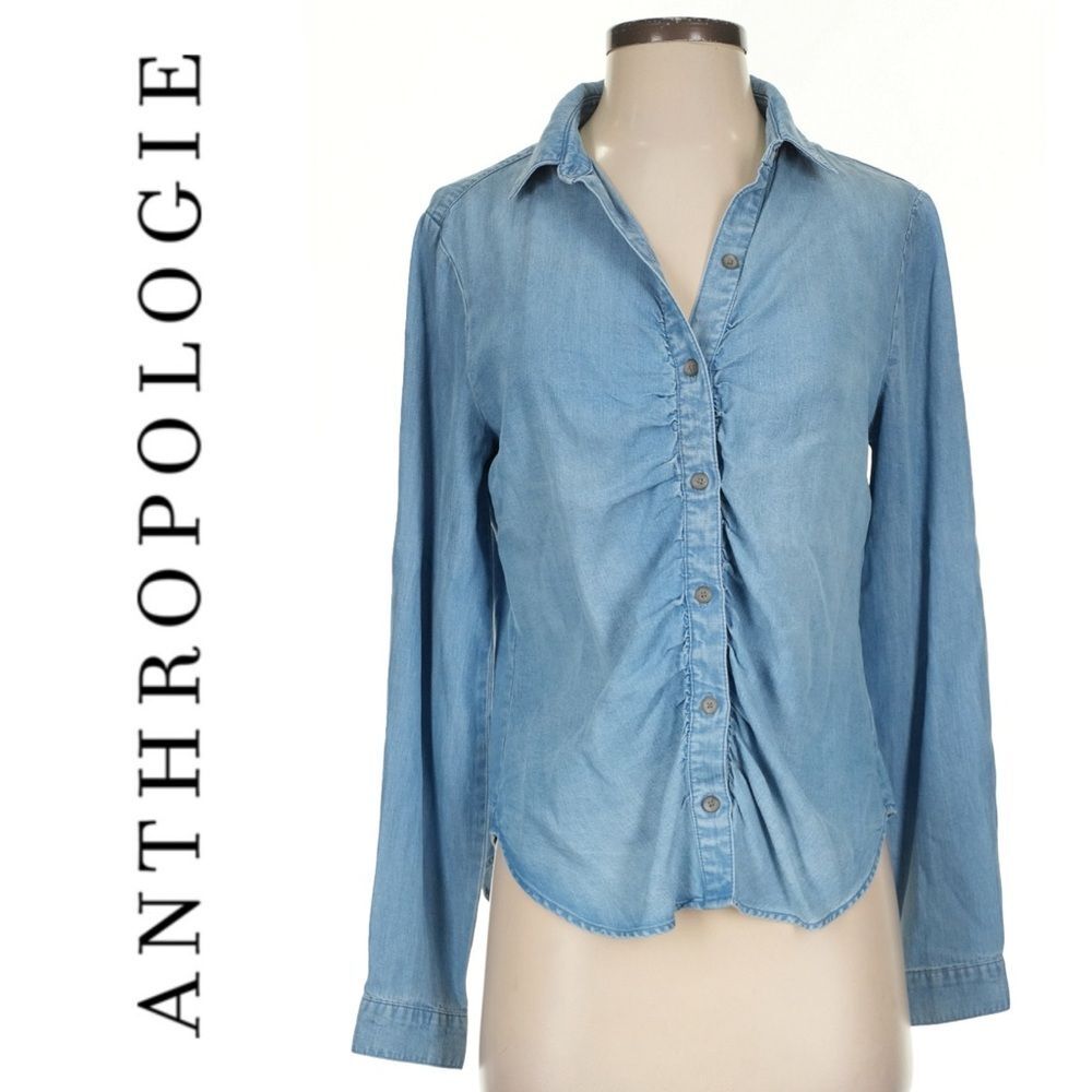 Anthropologie Cloth & Stone Chambray Shirred Buttondown Casual Relaxed Size M